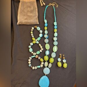 Chico’s Bundle Blue Multi Color Beaded Necklace, Bracelets, and Earring Set